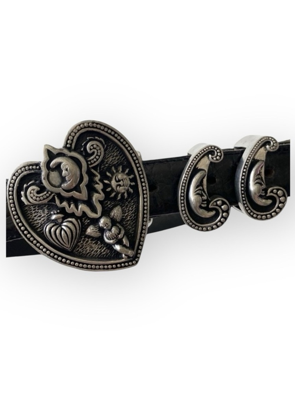 Vintage: Vincenza ☾ ©1997 Celestial Etched Metal Buckle Belt ☾ Black Leather - Picture 5 of 16